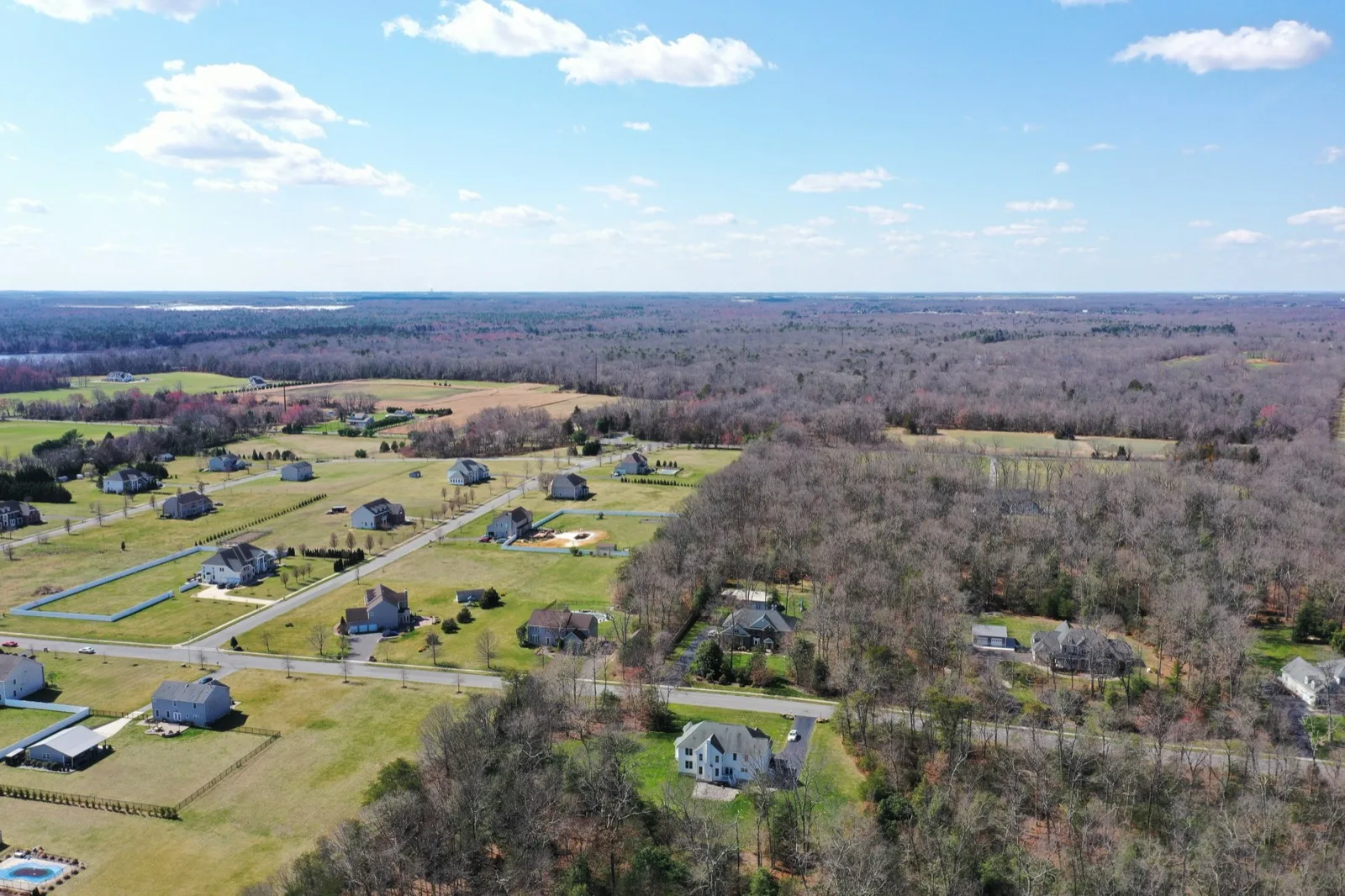 An aerial of single family homes on large lots cut out of woods, with open fields and forest beyond